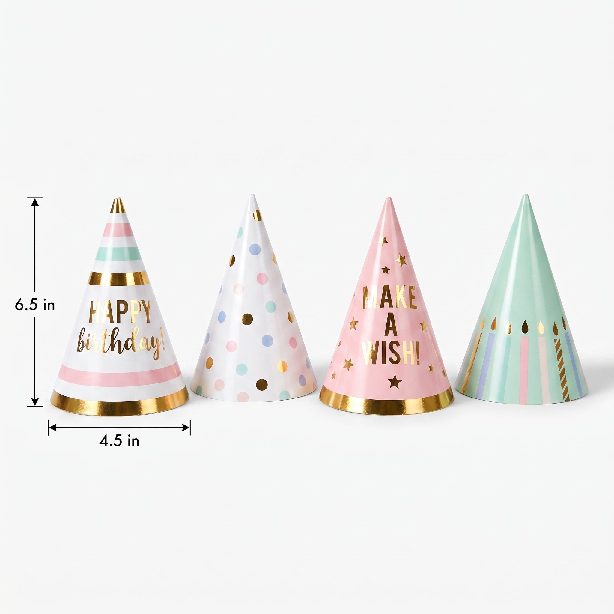 "Happy Cake Day" Mini Cone Birthday Party Hats - Metallic Pastel, 12-Pack