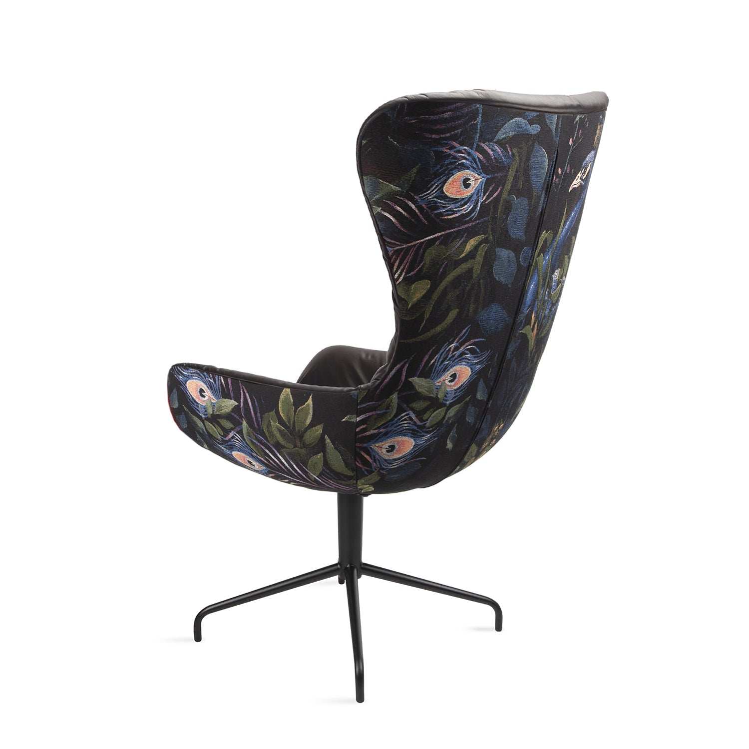 freifrau | leya grand wingback chair | star base | cayenne ebony (black) leather + gobelin oasis