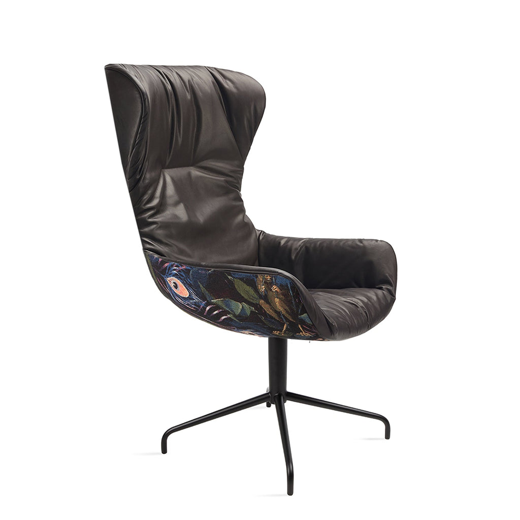 freifrau | leya grand wingback chair | star base | cayenne ebony (black) leather + gobelin oasis