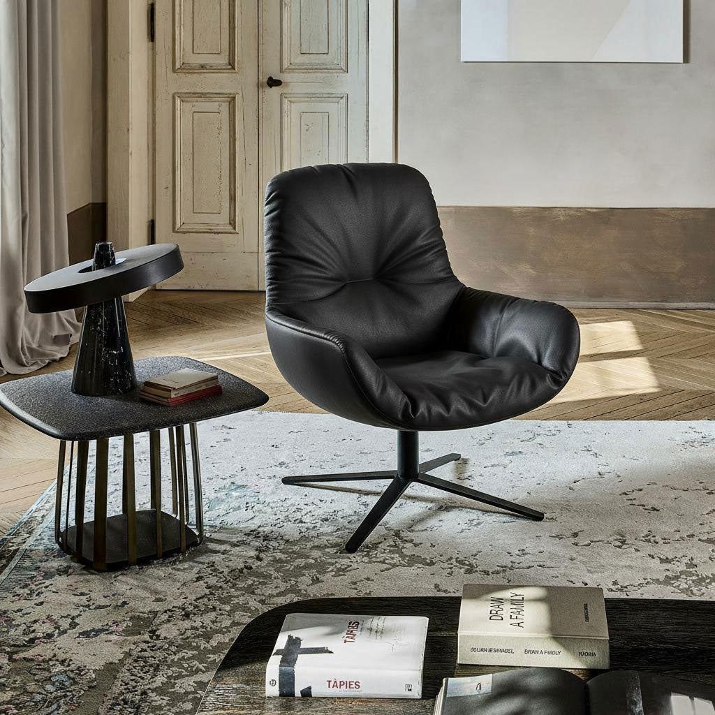 freifrau | leya lounge chair | x-base frame with tilt | orient ebony (black) leather
