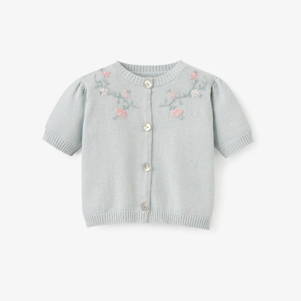 Aqua Short Sleeve Embroidered Baby Cardigan